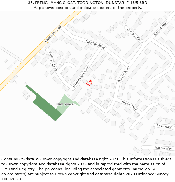 35, FRENCHMANS CLOSE, TODDINGTON, DUNSTABLE, LU5 6BD: Location map and indicative extent of plot