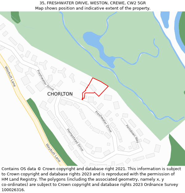 35, FRESHWATER DRIVE, WESTON, CREWE, CW2 5GR: Location map and indicative extent of plot