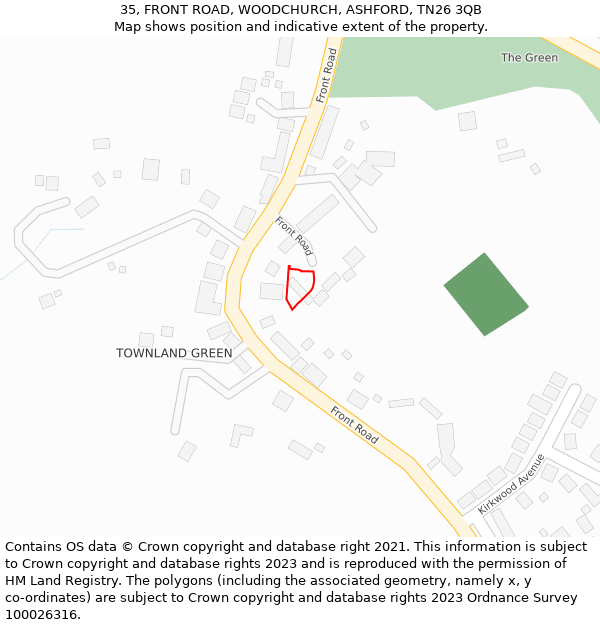 35, FRONT ROAD, WOODCHURCH, ASHFORD, TN26 3QB: Location map and indicative extent of plot