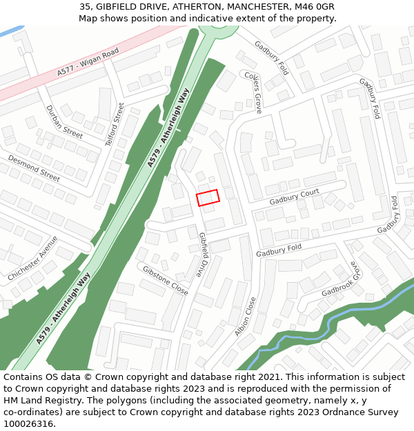 35, GIBFIELD DRIVE, ATHERTON, MANCHESTER, M46 0GR: Location map and indicative extent of plot