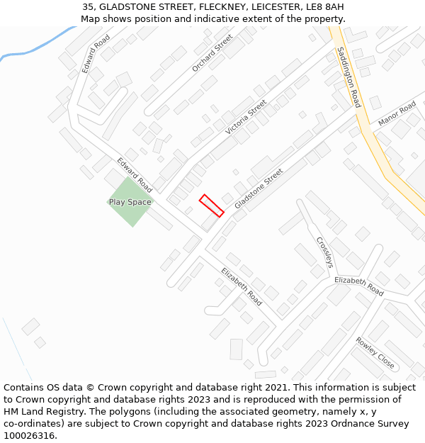 35, GLADSTONE STREET, FLECKNEY, LEICESTER, LE8 8AH: Location map and indicative extent of plot