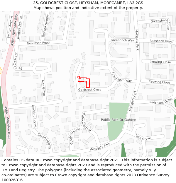 35, GOLDCREST CLOSE, HEYSHAM, MORECAMBE, LA3 2GS: Location map and indicative extent of plot