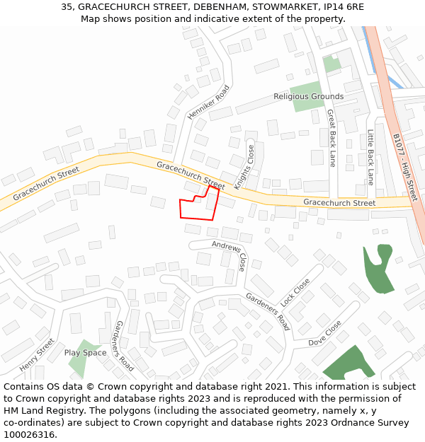 35, GRACECHURCH STREET, DEBENHAM, STOWMARKET, IP14 6RE: Location map and indicative extent of plot