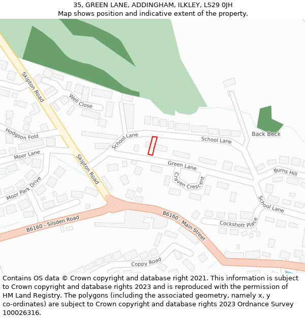 35, GREEN LANE, ADDINGHAM, ILKLEY, LS29 0JH: Location map and indicative extent of plot