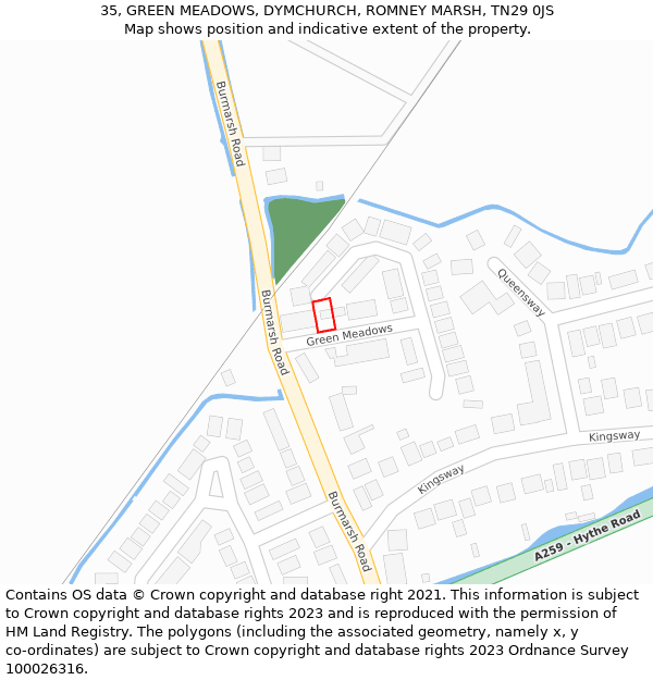 35, GREEN MEADOWS, DYMCHURCH, ROMNEY MARSH, TN29 0JS: Location map and indicative extent of plot