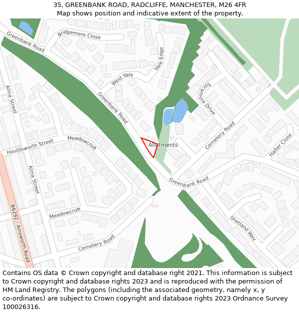 35, GREENBANK ROAD, RADCLIFFE, MANCHESTER, M26 4FR: Location map and indicative extent of plot