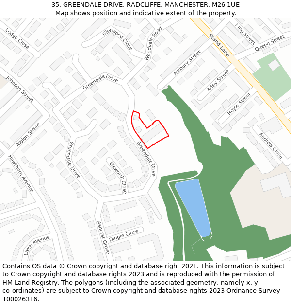 35, GREENDALE DRIVE, RADCLIFFE, MANCHESTER, M26 1UE: Location map and indicative extent of plot