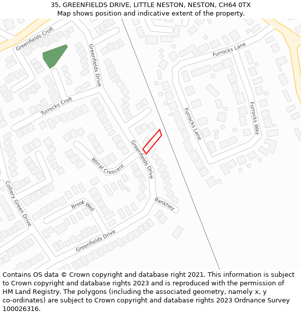 35, GREENFIELDS DRIVE, LITTLE NESTON, NESTON, CH64 0TX: Location map and indicative extent of plot
