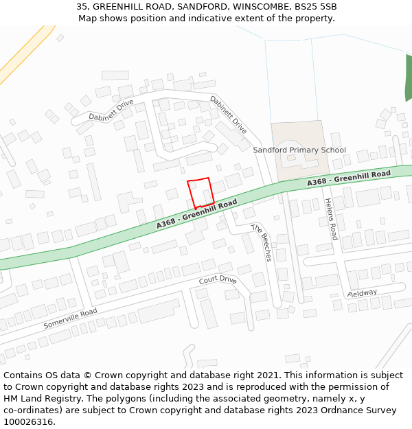 35, GREENHILL ROAD, SANDFORD, WINSCOMBE, BS25 5SB: Location map and indicative extent of plot