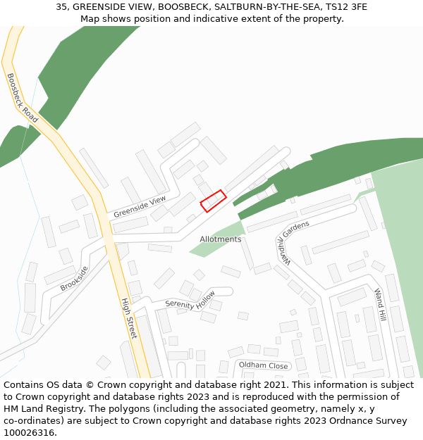 35, GREENSIDE VIEW, BOOSBECK, SALTBURN-BY-THE-SEA, TS12 3FE: Location map and indicative extent of plot