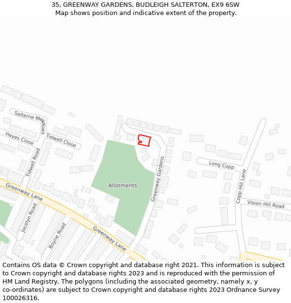 35, GREENWAY GARDENS, BUDLEIGH SALTERTON, EX9 6SW: Location map and indicative extent of plot