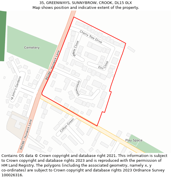 35, GREENWAYS, SUNNYBROW, CROOK, DL15 0LX: Location map and indicative extent of plot