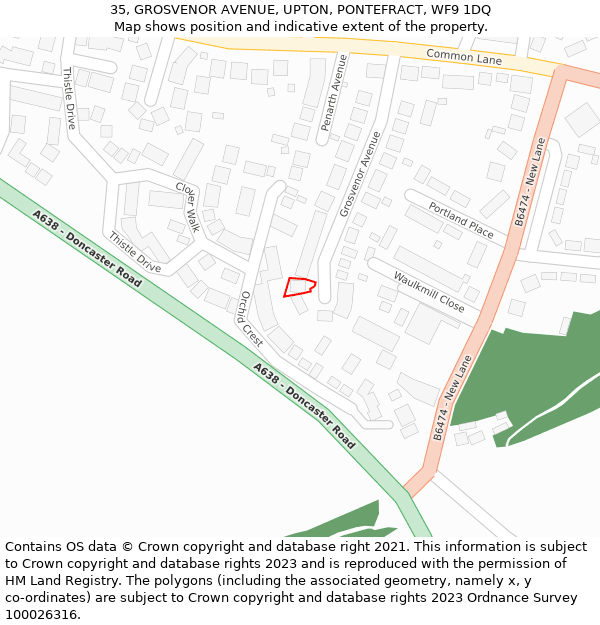 35, GROSVENOR AVENUE, UPTON, PONTEFRACT, WF9 1DQ: Location map and indicative extent of plot