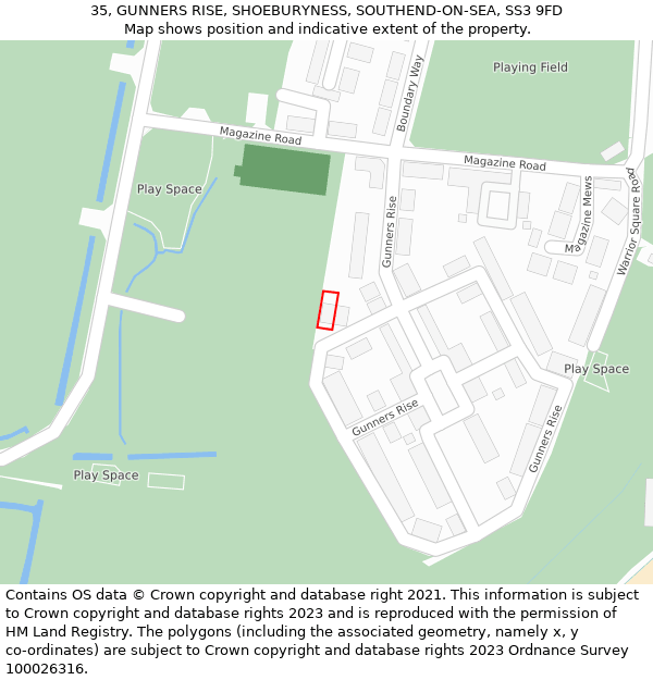 35, GUNNERS RISE, SHOEBURYNESS, SOUTHEND-ON-SEA, SS3 9FD: Location map and indicative extent of plot