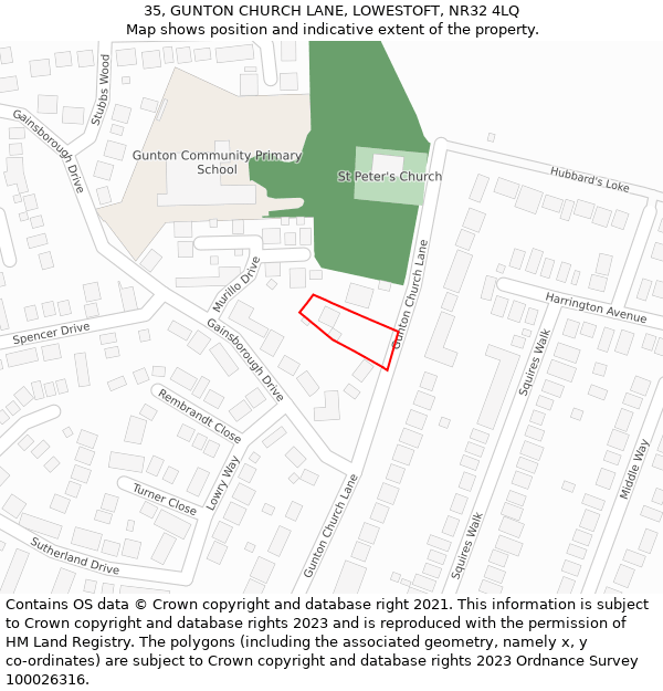 35, GUNTON CHURCH LANE, LOWESTOFT, NR32 4LQ: Location map and indicative extent of plot