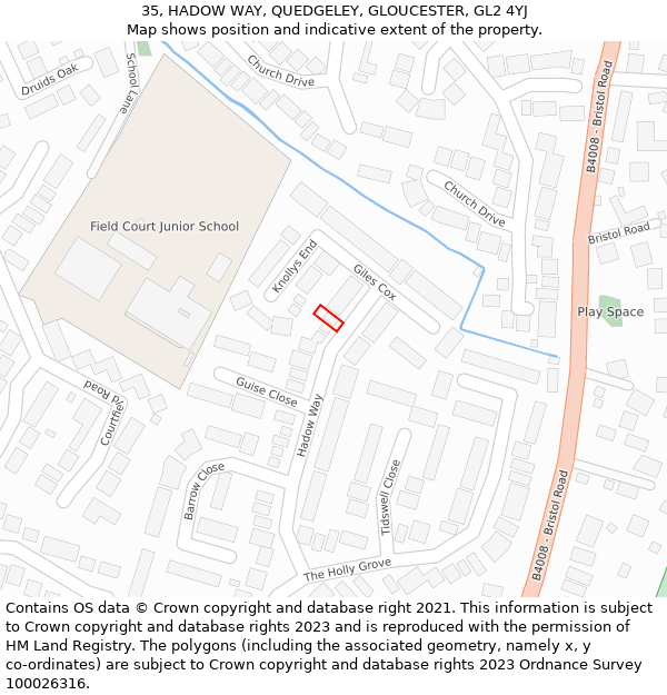 35, HADOW WAY, QUEDGELEY, GLOUCESTER, GL2 4YJ: Location map and indicative extent of plot