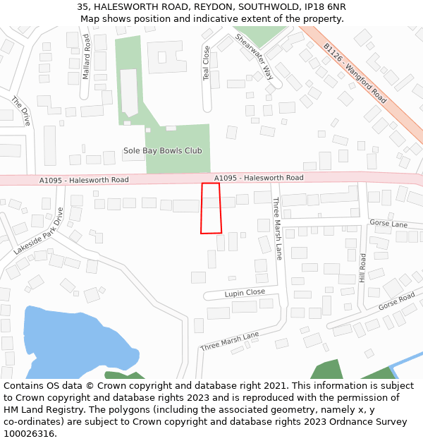 35, HALESWORTH ROAD, REYDON, SOUTHWOLD, IP18 6NR: Location map and indicative extent of plot