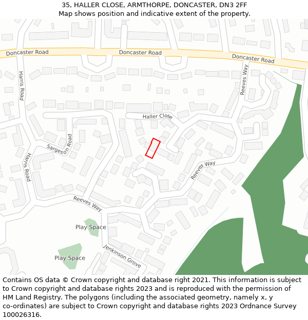 35, HALLER CLOSE, ARMTHORPE, DONCASTER, DN3 2FF: Location map and indicative extent of plot