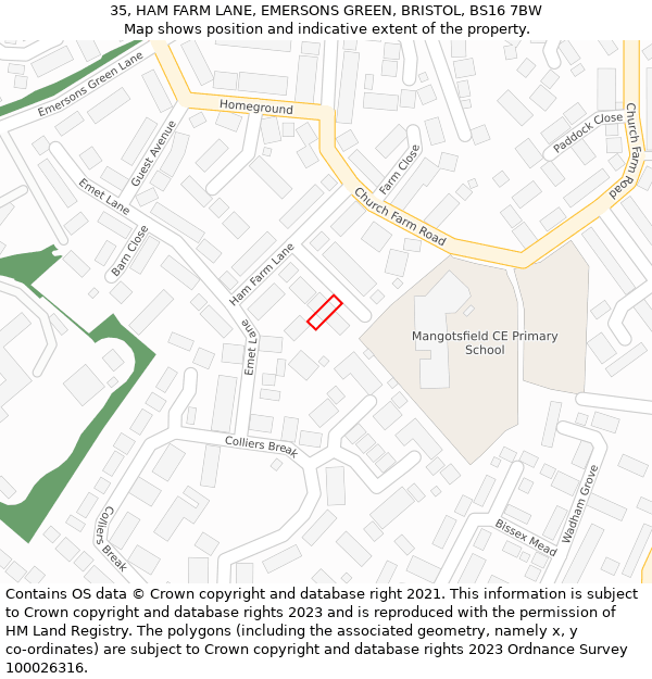 35, HAM FARM LANE, EMERSONS GREEN, BRISTOL, BS16 7BW: Location map and indicative extent of plot