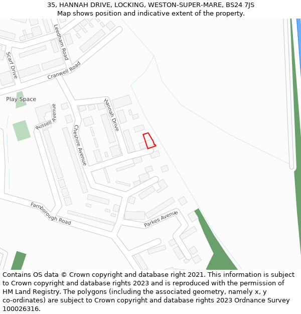 35, HANNAH DRIVE, LOCKING, WESTON-SUPER-MARE, BS24 7JS: Location map and indicative extent of plot