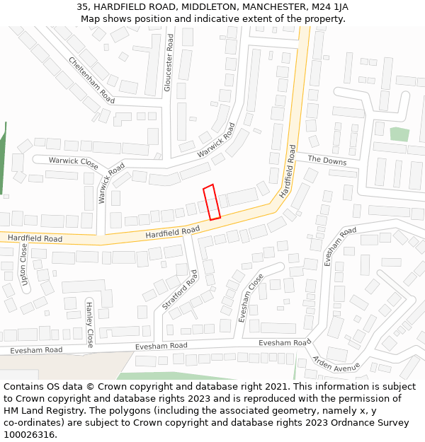 35, HARDFIELD ROAD, MIDDLETON, MANCHESTER, M24 1JA: Location map and indicative extent of plot