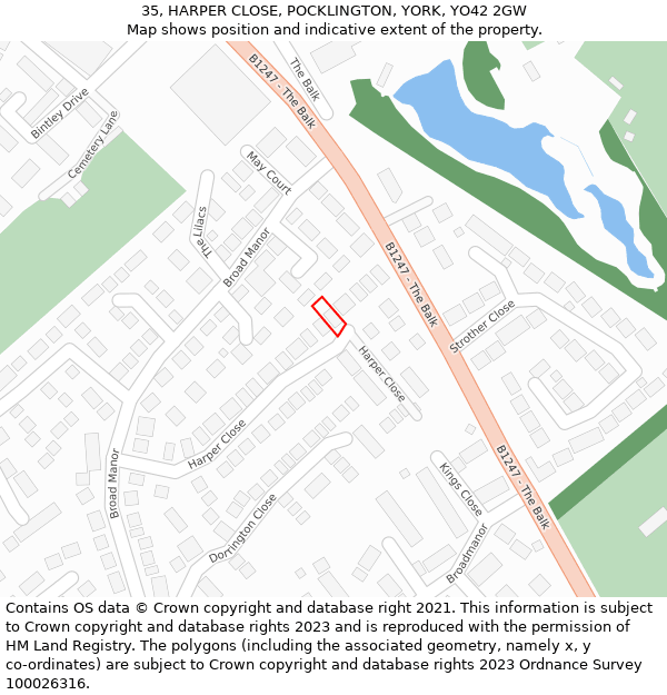 35, HARPER CLOSE, POCKLINGTON, YORK, YO42 2GW: Location map and indicative extent of plot