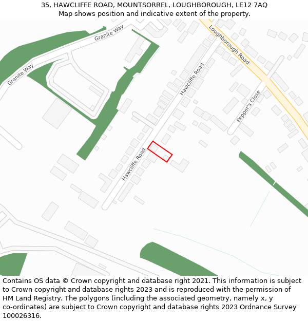 35, HAWCLIFFE ROAD, MOUNTSORREL, LOUGHBOROUGH, LE12 7AQ: Location map and indicative extent of plot