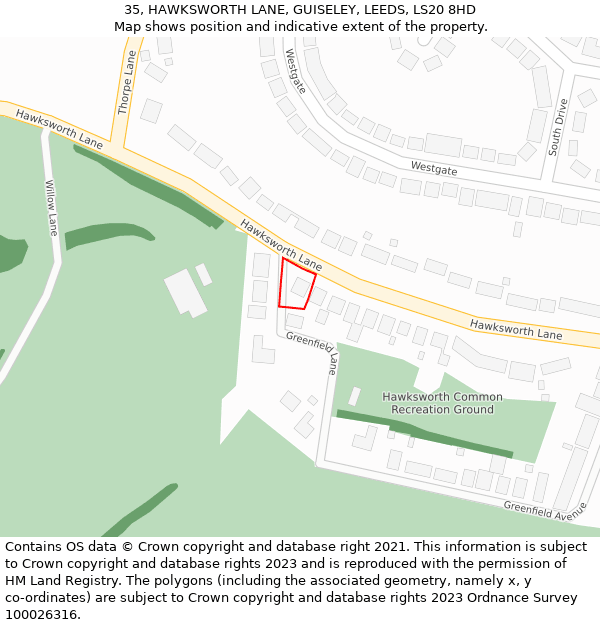 35, HAWKSWORTH LANE, GUISELEY, LEEDS, LS20 8HD: Location map and indicative extent of plot