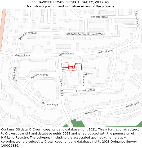 35, HAWORTH ROAD, BIRSTALL, BATLEY, WF17 9QL: Location map and indicative extent of plot