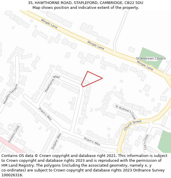 35, HAWTHORNE ROAD, STAPLEFORD, CAMBRIDGE, CB22 5DU: Location map and indicative extent of plot