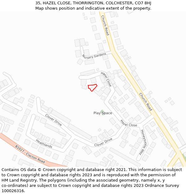 35, HAZEL CLOSE, THORRINGTON, COLCHESTER, CO7 8HJ: Location map and indicative extent of plot