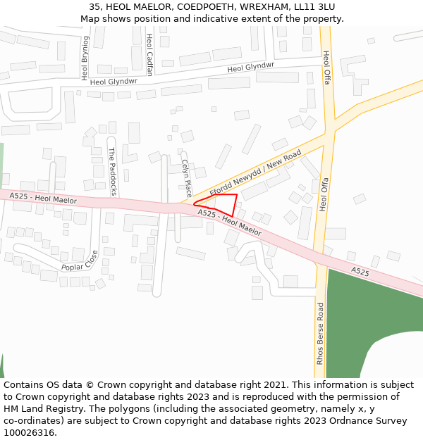 35, HEOL MAELOR, COEDPOETH, WREXHAM, LL11 3LU: Location map and indicative extent of plot