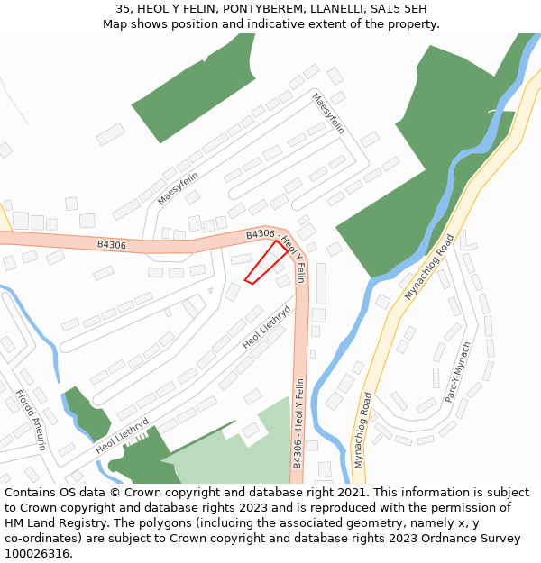 35, HEOL Y FELIN, PONTYBEREM, LLANELLI, SA15 5EH: Location map and indicative extent of plot