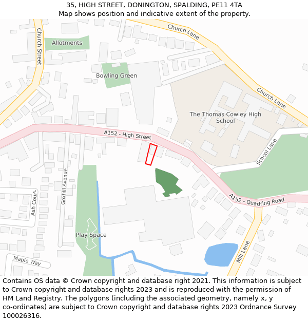 35, HIGH STREET, DONINGTON, SPALDING, PE11 4TA: Location map and indicative extent of plot