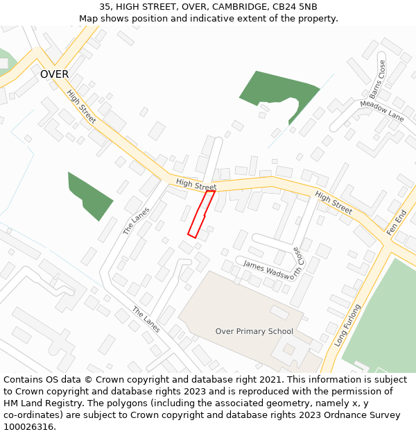 35, HIGH STREET, OVER, CAMBRIDGE, CB24 5NB: Location map and indicative extent of plot