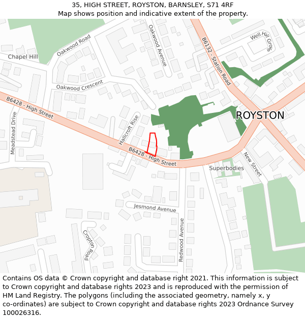 35, HIGH STREET, ROYSTON, BARNSLEY, S71 4RF: Location map and indicative extent of plot