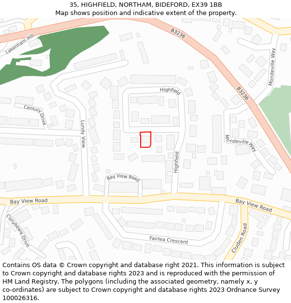 35, HIGHFIELD, NORTHAM, BIDEFORD, EX39 1BB: Location map and indicative extent of plot