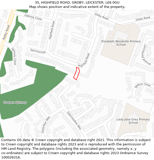 35, HIGHFIELD ROAD, GROBY, LEICESTER, LE6 0GU: Location map and indicative extent of plot