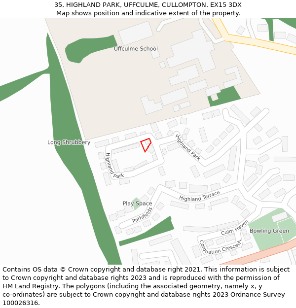 35, HIGHLAND PARK, UFFCULME, CULLOMPTON, EX15 3DX: Location map and indicative extent of plot