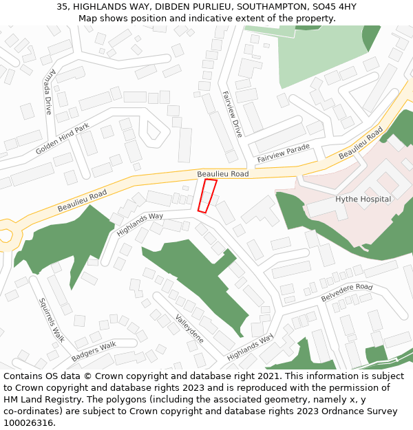 35, HIGHLANDS WAY, DIBDEN PURLIEU, SOUTHAMPTON, SO45 4HY: Location map and indicative extent of plot