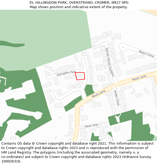 35, HILLINGDON PARK, OVERSTRAND, CROMER, NR27 0PG: Location map and indicative extent of plot