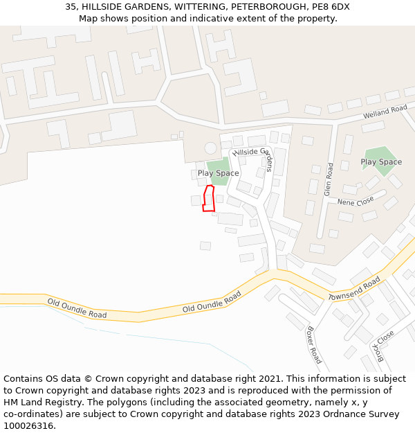 35, HILLSIDE GARDENS, WITTERING, PETERBOROUGH, PE8 6DX: Location map and indicative extent of plot