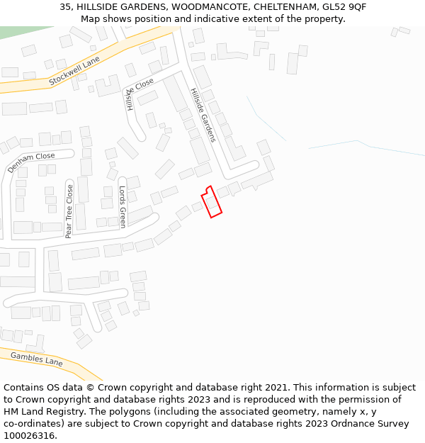 35, HILLSIDE GARDENS, WOODMANCOTE, CHELTENHAM, GL52 9QF: Location map and indicative extent of plot