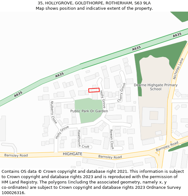 35, HOLLYGROVE, GOLDTHORPE, ROTHERHAM, S63 9LA: Location map and indicative extent of plot