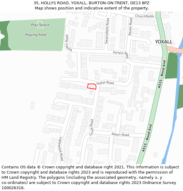 35, HOLLYS ROAD, YOXALL, BURTON-ON-TRENT, DE13 8PZ: Location map and indicative extent of plot