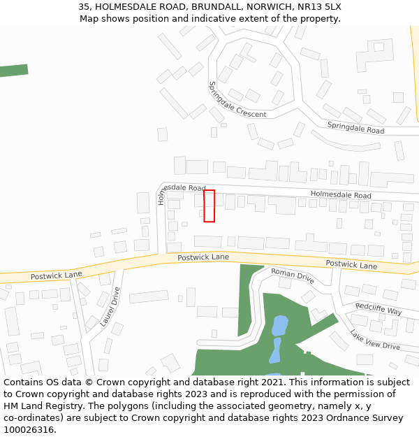 35, HOLMESDALE ROAD, BRUNDALL, NORWICH, NR13 5LX: Location map and indicative extent of plot