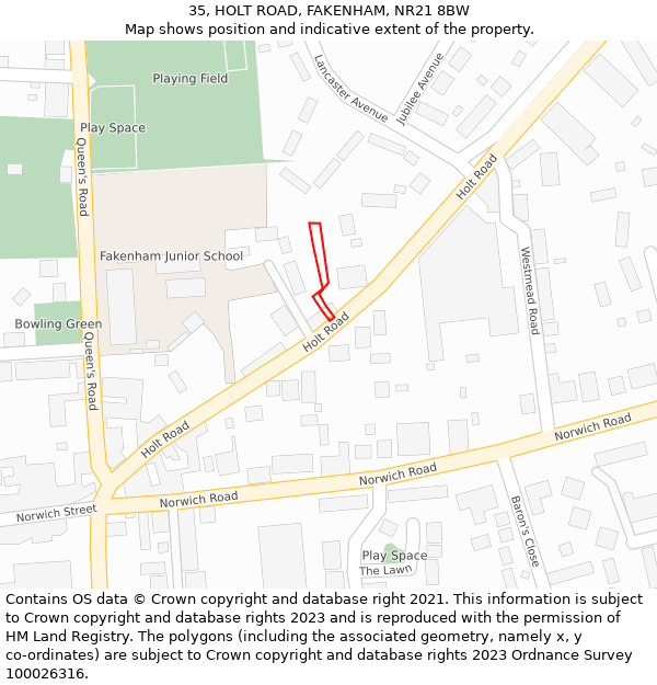 35, HOLT ROAD, FAKENHAM, NR21 8BW: Location map and indicative extent of plot