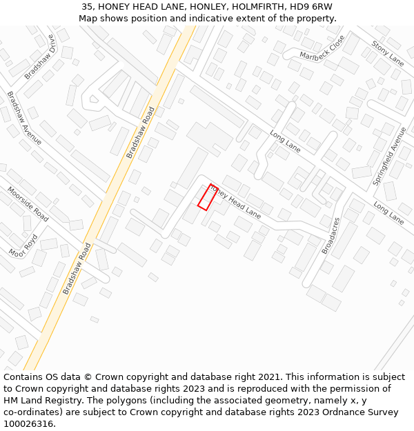 35, HONEY HEAD LANE, HONLEY, HOLMFIRTH, HD9 6RW: Location map and indicative extent of plot