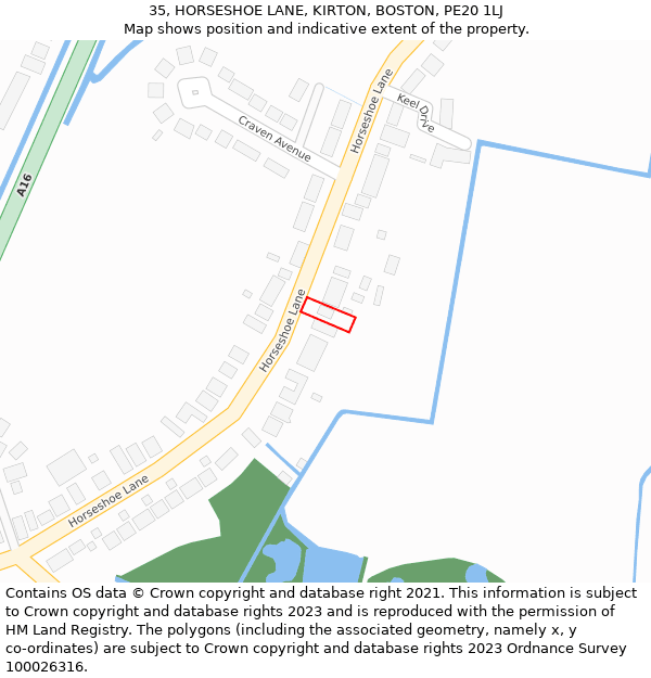 35, HORSESHOE LANE, KIRTON, BOSTON, PE20 1LJ: Location map and indicative extent of plot