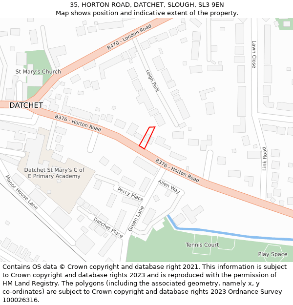 35, HORTON ROAD, DATCHET, SLOUGH, SL3 9EN: Location map and indicative extent of plot